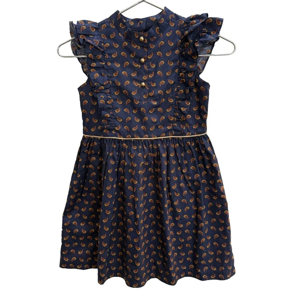 Janie & Jack Summer Girls Dress Cotton Navy Blue Paisley Print Ruffle Sz 6